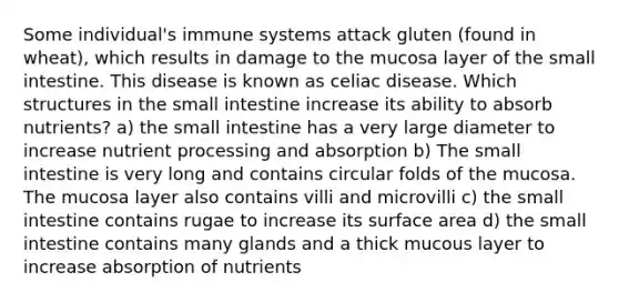 Some individual's immune systems attack gluten (found in wheat), which results in damage to the mucosa layer of the small intestine. This disease is known as celiac disease. Which structures in the small intestine increase its ability to absorb nutrients? a) the small intestine has a very large diameter to increase nutrient processing and absorption b) The small intestine is very long and contains circular folds of the mucosa. The mucosa layer also contains villi and microvilli c) the small intestine contains rugae to increase its surface area d) the small intestine contains many glands and a thick mucous layer to increase absorption of nutrients