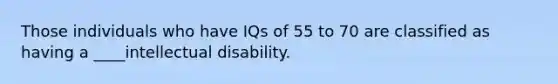 Those individuals who have IQs of 55 to 70 are classified as having a ____intellectual disability.