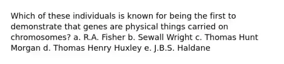 Which of these individuals is known for being the first to demonstrate that genes are physical things carried on chromosomes? a. R.A. Fisher b. Sewall Wright c. Thomas Hunt Morgan d. Thomas Henry Huxley e. J.B.S. Haldane