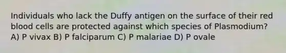 Individuals who lack the Duffy antigen on the surface of their red blood cells are protected against which species of Plasmodium? A) P vivax B) P falciparum C) P malariae D) P ovale