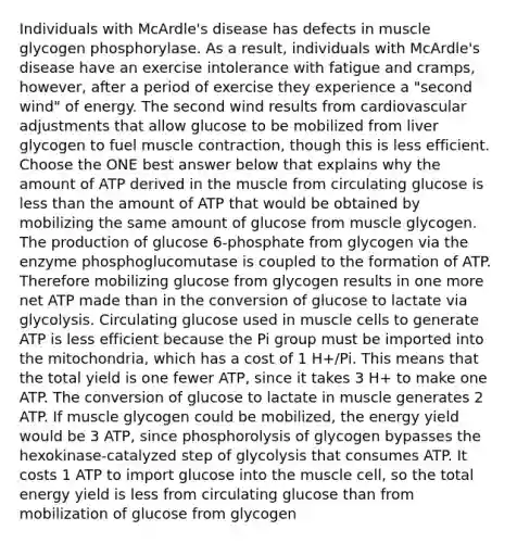 Individuals with McArdle's disease has defects in muscle glycogen phosphorylase. As a result, individuals with McArdle's disease have an exercise intolerance with fatigue and cramps, however, after a period of exercise they experience a "second wind" of energy. The second wind results from cardiovascular adjustments that allow glucose to be mobilized from liver glycogen to fuel muscle contraction, though this is less efficient. Choose the ONE best answer below that explains why the amount of ATP derived in the muscle from circulating glucose is less than the amount of ATP that would be obtained by mobilizing the same amount of glucose from muscle glycogen. The production of glucose 6-phosphate from glycogen via the enzyme phosphoglucomutase is coupled to the formation of ATP. Therefore mobilizing glucose from glycogen results in one more net ATP made than in the conversion of glucose to lactate via glycolysis. Circulating glucose used in muscle cells to generate ATP is less efficient because the Pi group must be imported into the mitochondria, which has a cost of 1 H+/Pi. This means that the total yield is one fewer ATP, since it takes 3 H+ to make one ATP. The conversion of glucose to lactate in muscle generates 2 ATP. If muscle glycogen could be mobilized, the energy yield would be 3 ATP, since phosphorolysis of glycogen bypasses the hexokinase-catalyzed step of glycolysis that consumes ATP. It costs 1 ATP to import glucose into the muscle cell, so the total energy yield is less from circulating glucose than from mobilization of glucose from glycogen