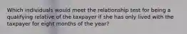 Which individuals would meet the relationship test for being a qualifying relative of the taxpayer if she has only lived with the taxpayer for eight months of the year?