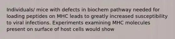 Individuals/ mice with defects in biochem pathway needed for loading peptides on MHC leads to greatly increased susceptibility to viral infections. Experiments examining MHC molecules present on surface of host cells would show