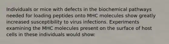 Individuals or mice with defects in the biochemical pathways needed for loading peptides onto MHC molecules show greatly increased susceptibility to virus infections. Experiments examining the MHC molecules present on the surface of host cells in these individuals would show: