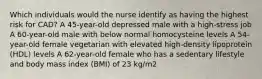 Which individuals would the nurse identify as having the highest risk for CAD? A 45-year-old depressed male with a high-stress job A 60-year-old male with below normal homocysteine levels A 54-year-old female vegetarian with elevated high-density lipoprotein (HDL) levels A 62-year-old female who has a sedentary lifestyle and body mass index (BMI) of 23 kg/m2