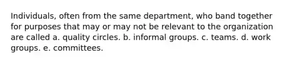 Individuals, often from the same department, who band together for purposes that may or may not be relevant to the organization are called a. quality circles. b. informal groups. c. teams. d. work groups. e. committees.