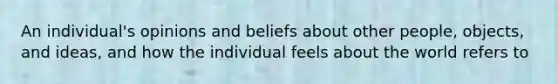 An individual's opinions and beliefs about other people, objects, and ideas, and how the individual feels about the world refers to