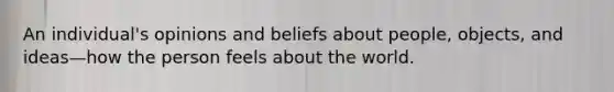 An individual's opinions and beliefs about people, objects, and ideas—how the person feels about the world.