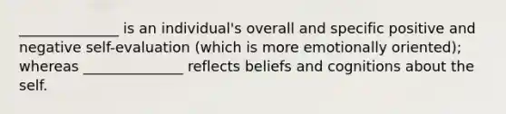 ______________ is an individual's overall and specific positive and negative self-evaluation (which is more emotionally oriented); whereas ______________ reflects beliefs and cognitions about the self.