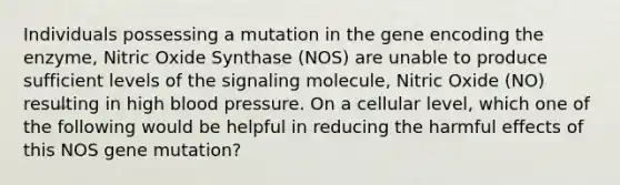 Individuals possessing a mutation in the gene encoding the enzyme, Nitric Oxide Synthase (NOS) are unable to produce sufficient levels of the signaling molecule, Nitric Oxide (NO) resulting in high blood pressure. On a cellular level, which one of the following would be helpful in reducing the harmful effects of this NOS gene mutation?