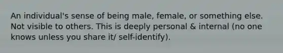 An individual's sense of being male, female, or something else. Not visible to others. This is deeply personal & internal (no one knows unless you share it/ self-identify).