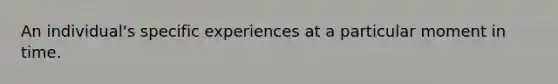 An individual's specific experiences at a particular moment in time.