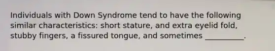 Individuals with Down Syndrome tend to have the following similar characteristics: short stature, and extra eyelid fold, stubby fingers, a fissured tongue, and sometimes __________.