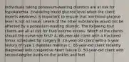 Individuals taking potassium-wasting diuretics are at risk for hypokalemia. Evaluating blood glucose level when the client reports weakness is important to ensure that low blood glucose level is not an issue. Levels of the other substances would not be affected by a potassium-wasting diuretic. The following four clients are all at risk for fluid volume excess. Which of the clients should the nurse see first? A. 88-year-old client with a fractured femur scheduled for surgery B. 20-year-old client with a 5-year history of type 1 diabetes mellitus C. 65-year-old client recently diagnosed with congestive heart failure D. 50-year-old client with second-degree burns on the ankles and feet