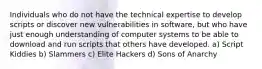 Individuals who do not have the technical expertise to develop scripts or discover new vulnerabilities in software, but who have just enough understanding of computer systems to be able to download and run scripts that others have developed. a) Script Kiddies b) Slammers c) Elite Hackers d) Sons of Anarchy