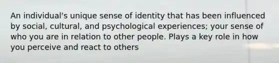 An individual's unique sense of identity that has been influenced by social, cultural, and psychological experiences; your sense of who you are in relation to other people. Plays a key role in how you perceive and react to others