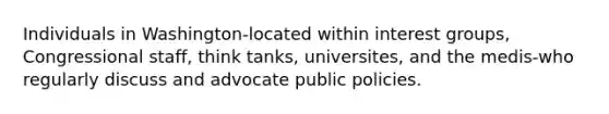 Individuals in Washington-located within interest groups, Congressional staff, think tanks, universites, and the medis-who regularly discuss and advocate public policies.