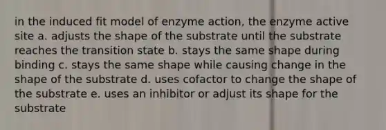 in the induced fit model of enzyme action, the enzyme active site a. adjusts the shape of the substrate until the substrate reaches the transition state b. stays the same shape during binding c. stays the same shape while causing change in the shape of the substrate d. uses cofactor to change the shape of the substrate e. uses an inhibitor or adjust its shape for the substrate