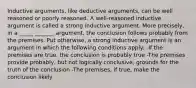 Inductive arguments, like deductive arguments, can be well reasoned or poorly reasoned. A well-reasoned inductive argument is called a strong inductive argument. More precisely, in a _____ _______ argument, the conclusion follows probably from the premises. Put otherwise, a strong inductive argument is an argument in which the following conditions apply: -If the premises are true, the conclusion is probably true -The premises provide probably, but not logically conclusive, grounds for the truth of the conclusion -The premises, if true, make the conclusion likely