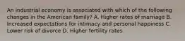 An industrial economy is associated with which of the following changes in the American family? A. Higher rates of marriage B. Increased expectations for intimacy and personal happiness C. Lower risk of divorce D. Higher fertility rates