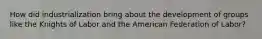 How did industrialization bring about the development of groups like the Knights of Labor and the American Federation of Labor?