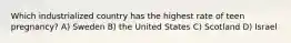 Which industrialized country has the highest rate of teen pregnancy? A) Sweden B) the United States C) Scotland D) Israel