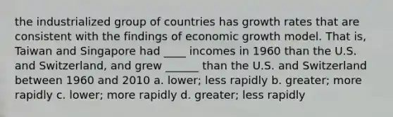 the industrialized group of countries has growth rates that are consistent with the findings of economic growth model. That is, Taiwan and Singapore had ____ incomes in 1960 than the U.S. and Switzerland, and grew ______ than the U.S. and Switzerland between 1960 and 2010 a. lower; less rapidly b. greater; more rapidly c. lower; more rapidly d. greater; less rapidly