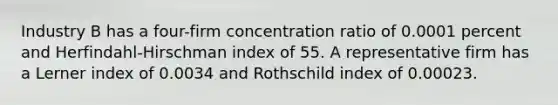 Industry B has a four-firm concentration ratio of 0.0001 percent and Herfindahl-Hirschman index of 55. A representative firm has a Lerner index of 0.0034 and Rothschild index of 0.00023.