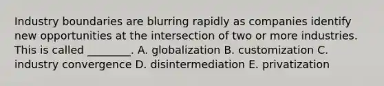 Industry boundaries are blurring rapidly as companies identify new opportunities at the intersection of two or more industries. This is called ________. A. globalization B. customization C. industry convergence D. disintermediation E. privatization