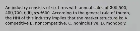 An industry consists of six firms with annual sales of 300,500, 400,700, 600, and600. According to the general rule of thumb, the HHI of this industry implies that the market structure is: A. competitive B. noncompetitive. C. noninclusive. D. monopoly.