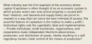 What industry was the first segment of the economy where capital (Capitalism is often thought of as an economic system in which private actors own and control property in accord with their interests, and demand and supply freely set prices in markets in a way that can serve the best interests of society. The essential feature of capitalism is the motive to make a profit.) (Individual rights rule the capitalistic ideal and implementation. ... Private individuals, small businesses, organizations, and corporations make independent decisions about prices, production, and distribution of goods, ideally resulting in a self-regulating market.) took control of the means of production?