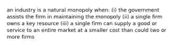 an industry is a natural monopoly when: (i) the government assists the firm in maintaining the monopoly (ii) a single firm owns a key resource (iii) a single firm can supply a good or service to an entire market at a smaller cost than could two or more firms