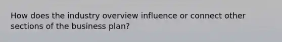 How does the industry overview influence or connect other sections of the business plan?