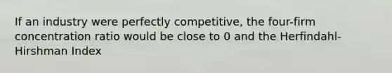 If an industry were perfectly competitive, the four-firm concentration ratio would be close to 0 and the Herfindahl-Hirshman Index