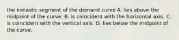 the inelastic segment of the demand curve A. lies above the midpoint of the curve. B. is coincident with the horizontal axis. C. is coincident with the vertical axis. D. lies below the midpoint of the curve.