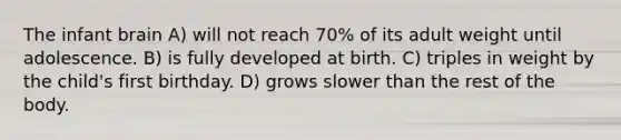 The infant brain A) will not reach 70% of its adult weight until adolescence. B) is fully developed at birth. C) triples in weight by the child's first birthday. D) grows slower than the rest of the body.