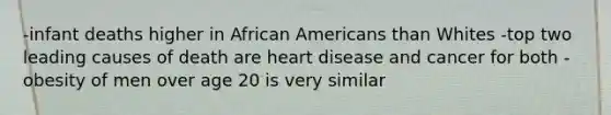 -infant deaths higher in <a href='https://www.questionai.com/knowledge/kktT1tbvGH-african-americans' class='anchor-knowledge'>african americans</a> than Whites -top two leading causes of death are heart disease and cancer for both -obesity of men over age 20 is very similar