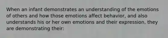 When an infant demonstrates an understanding of the emotions of others and how those emotions affect behavior, and also understands his or her own emotions and their expression, they are demonstrating their: