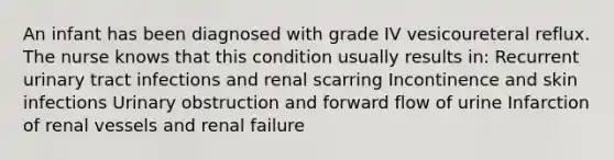 An infant has been diagnosed with grade IV vesicoureteral reflux. The nurse knows that this condition usually results in: Recurrent urinary tract infections and renal scarring Incontinence and skin infections Urinary obstruction and forward flow of urine Infarction of renal vessels and renal failure