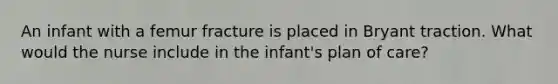 An infant with a femur fracture is placed in Bryant traction. What would the nurse include in the infant's plan of care?