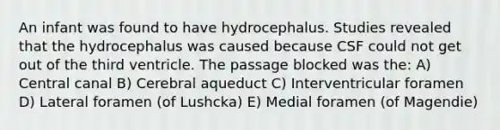 An infant was found to have hydrocephalus. Studies revealed that the hydrocephalus was caused because CSF could not get out of the third ventricle. The passage blocked was the: A) Central canal B) Cerebral aqueduct C) Interventricular foramen D) Lateral foramen (of Lushcka) E) Medial foramen (of Magendie)