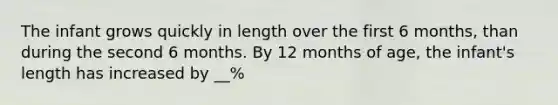 The infant grows quickly in length over the first 6 months, than during the second 6 months. By 12 months of age, the infant's length has increased by __%