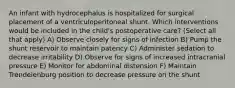 An infant with hydrocephalus is hospitalized for surgical placement of a ventriculoperitoneal shunt. Which interventions would be included in the child's postoperative care? (Select all that apply) A) Observe closely for signs of infection B) Pump the shunt reservoir to maintain patency C) Administer sedation to decrease irritability D) Observe for signs of increased intracranial pressure E) Monitor for abdominal distension F) Maintain Trendelenburg position to decrease pressure on the shunt