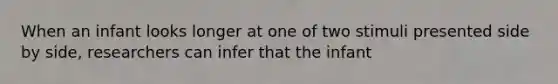 When an infant looks longer at one of two stimuli presented side by side, researchers can infer that the infant