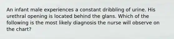 An infant male experiences a constant dribbling of urine. His urethral opening is located behind the glans. Which of the following is the most likely diagnosis the nurse will observe on the chart?