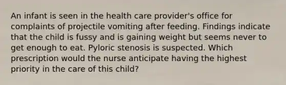 An infant is seen in the health care provider's office for complaints of projectile vomiting after feeding. Findings indicate that the child is fussy and is gaining weight but seems never to get enough to eat. Pyloric stenosis is suspected. Which prescription would the nurse anticipate having the highest priority in the care of this child?