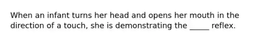 When an infant turns her head and opens her mouth in the direction of a touch, she is demonstrating the _____ reflex.