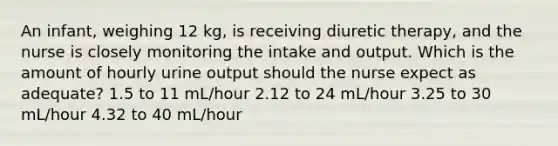 An infant, weighing 12 kg, is receiving diuretic therapy, and the nurse is closely monitoring the intake and output. Which is the amount of hourly urine output should the nurse expect as adequate? 1.5 to 11 mL/hour 2.12 to 24 mL/hour 3.25 to 30 mL/hour 4.32 to 40 mL/hour