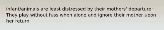 infant/animals are least distressed by their mothers' departure; They play without fuss when alone and ignore their mother upon her return