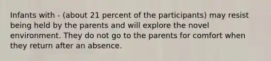 Infants with - (about 21 percent of the participants) may resist being held by the parents and will explore the novel environment. They do not go to the parents for comfort when they return after an absence.